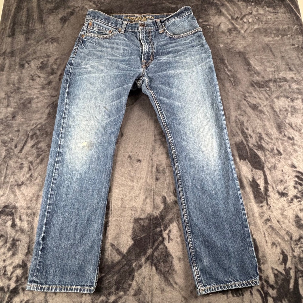 American Eagle Slim Straight Jeans Mens 34x30 Blue Distressed Medium Wash Denim